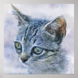 Grey Tabby Kitten Watercolor Style Art Poster