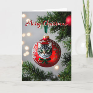 Grey Tabby on Red Christmas Ornament Card