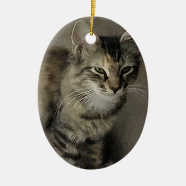 Grey Tabby Painting Ceramic Tree Decoration (Front)