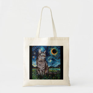 Grey Tabby Tiger Cat Starry Night Moon and Stars A Tote Bag
