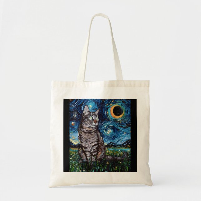 Grey Tabby Tiger Cat Starry Night Moon and Stars A Tote Bag (Front)