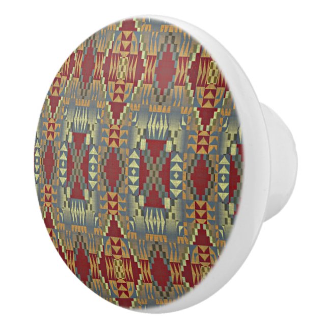 Grey Tan Brown Ochre Ivory Red Tribal Art Pattern Ceramic Knob (Right)