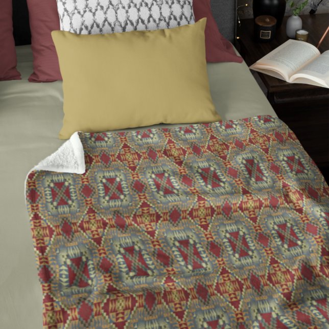 Grey Tan Brown Ochre Ivory Red Tribal Art Pattern Fleece Blanket (Creator Uploaded)