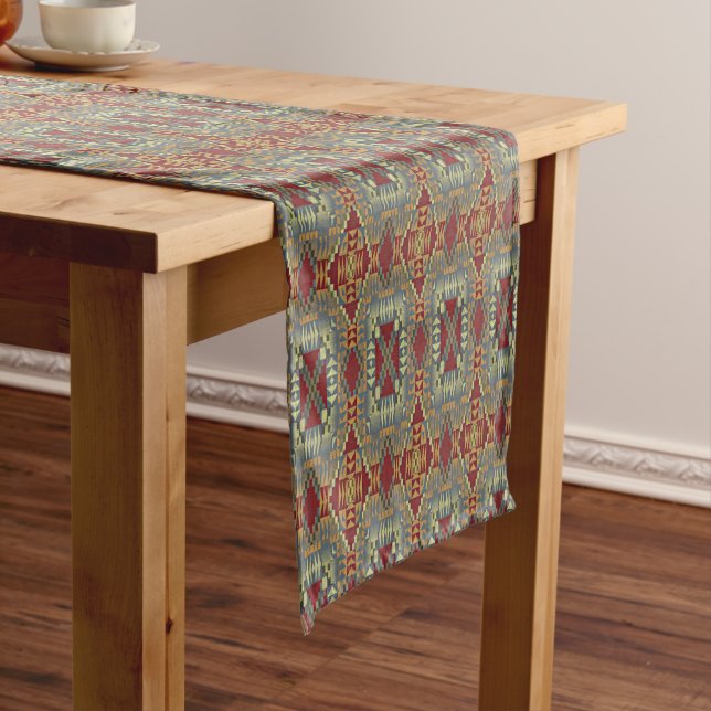 Grey Tan Brown Ochre Ivory Red Tribal Art Pattern Medium Table Runner (In Situ)