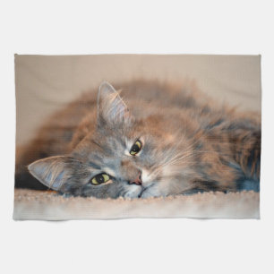 Grey, Tan, White Long-Haired Cat by Shirley Taylor Tea Towel