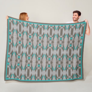 Grey Taupe Aqua Turquoise Teal Blue Tribal Art Fleece Blanket