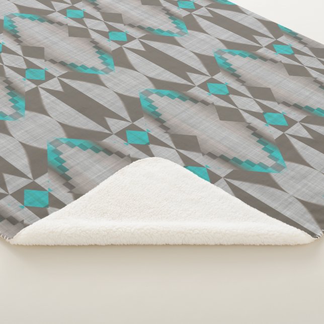 Grey Taupe Aqua Turquoise Teal Blue Tribal Art Sherpa Blanket (3/4)