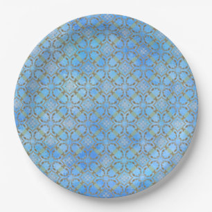 Grey, Taupe, Blue, Green Scrolled Diamond Pattern Paper Plate