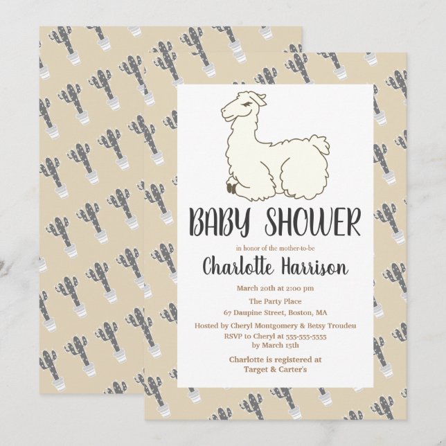 Grey & Taupe Llama & Cactus Baby Shower Invitation (Front/Back)