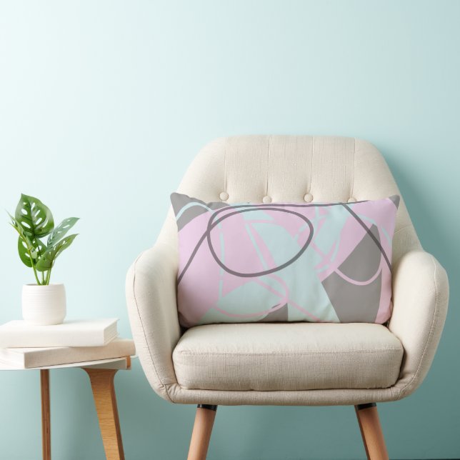 Grey / Taupe, Pink and Light Blue Abstract Modern  Lumbar Cushion (Chair)