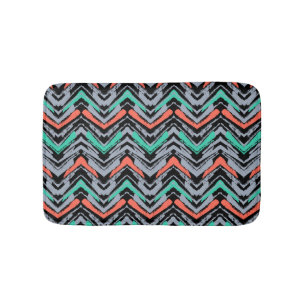 Grey, Teal, And Coral Hand Drawn Chevron Pattern Bath Mat