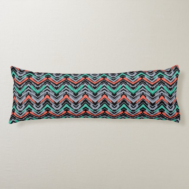 Grey, Teal, And Coral Hand Drawn Chevron Pattern Body Cushion (Front)