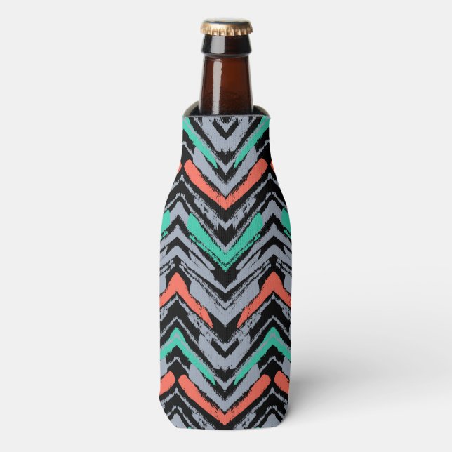Grey, Teal, And Coral Hand Drawn Chevron Pattern Bottle Cooler (Bottle Front)