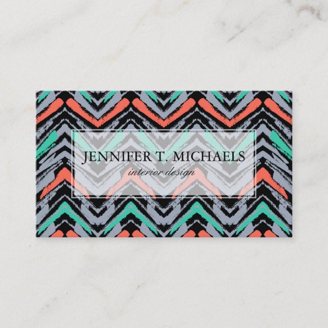 Grey, Teal, And Coral Hand Drawn Chevron Pattern Business Card (Front)