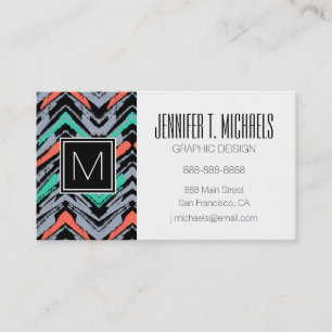 Grey, Teal, And Coral Hand Drawn Chevron Pattern Business Card