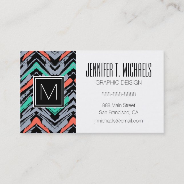 Grey, Teal, And Coral Hand Drawn Chevron Pattern Business Card (Front)