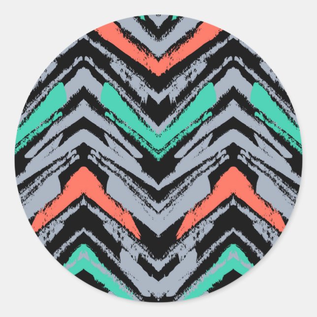 Grey, Teal, And Coral Hand Drawn Chevron Pattern Classic Round Sticker (Front)