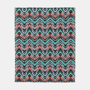 Grey, Teal, And Coral Hand Drawn Chevron Pattern Fleece Blanket