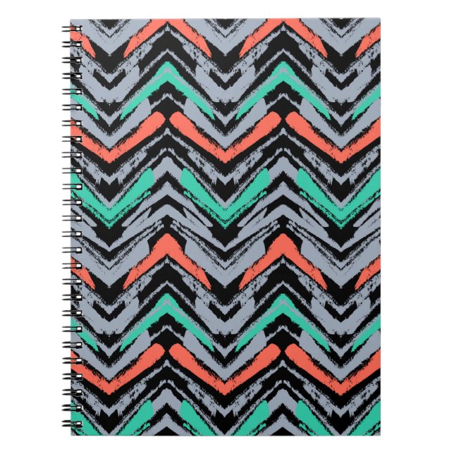 Grey, Teal, And Coral Hand Drawn Chevron Pattern Notebook (Front)