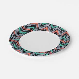 Grey, Teal, And Coral Hand Drawn Chevron Pattern Paper Plate
