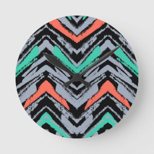 Grey, Teal, And Coral Hand Drawn Chevron Pattern Round Clock