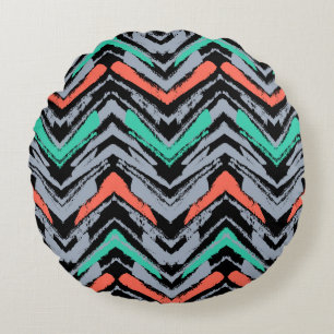Grey, Teal, And Coral Hand Drawn Chevron Pattern Round Cushion