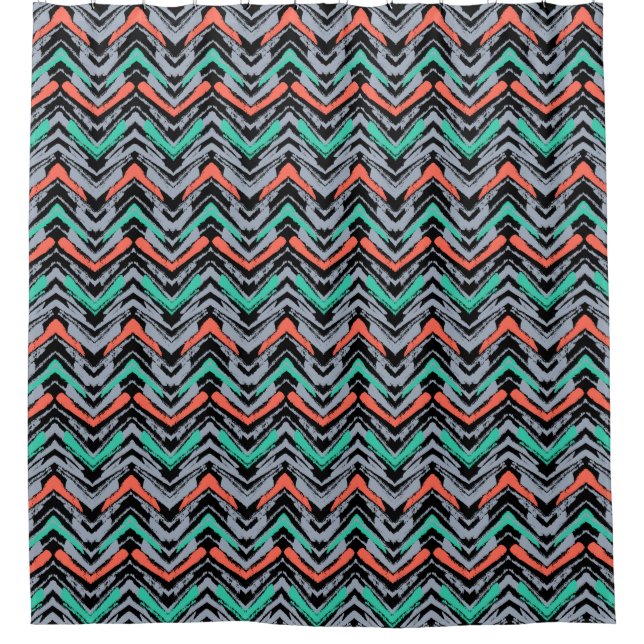 Grey, Teal, And Coral Hand Drawn Chevron Pattern Shower Curtain (Front)