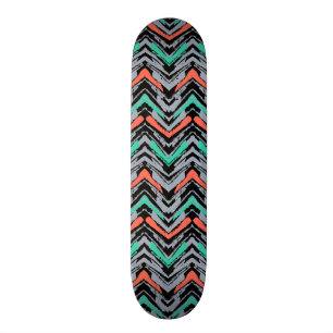 Grey, Teal, And Coral Hand Drawn Chevron Pattern Skateboard