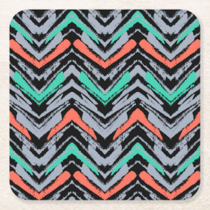 Grey, Teal, And Coral Hand Drawn Chevron Pattern Square Paper Coaster