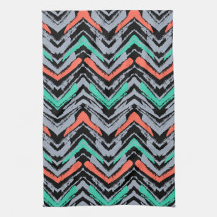 Grey, Teal, And Coral Hand Drawn Chevron Pattern Tea Towel