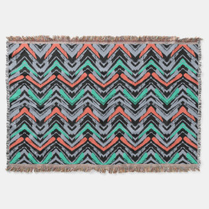 Grey, Teal, And Coral Hand Drawn Chevron Pattern Throw Blanket