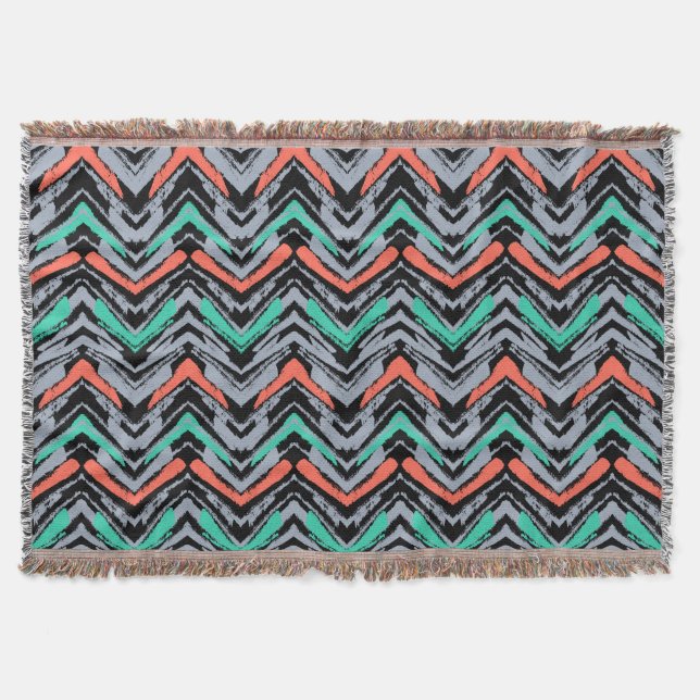 Grey, Teal, And Coral Hand Drawn Chevron Pattern Throw Blanket (Front)