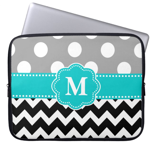 Grey Teal Black Chevron Monogram Laptop Sleeve (Front)