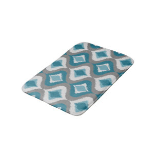 Grey Teal Blue Green Retro Ikat Drops Pattern Bath Mat