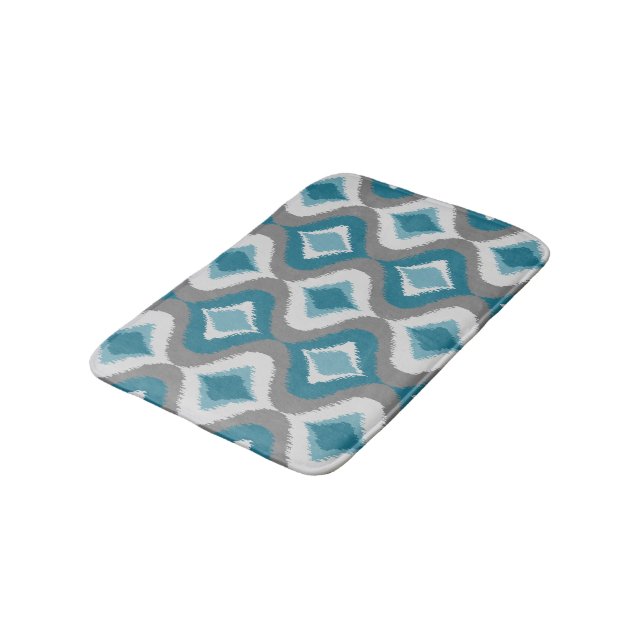 Grey Teal Blue Green Retro Ikat Drops Pattern Bath Mat (Angled)