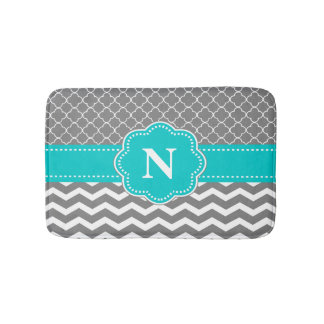 Grey Teal Chevron Monogram Bathmat