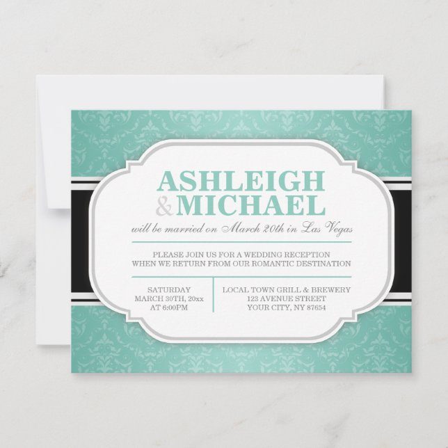 Grey & Teal Damask Wedding Reception ONLY Invitation (Front)