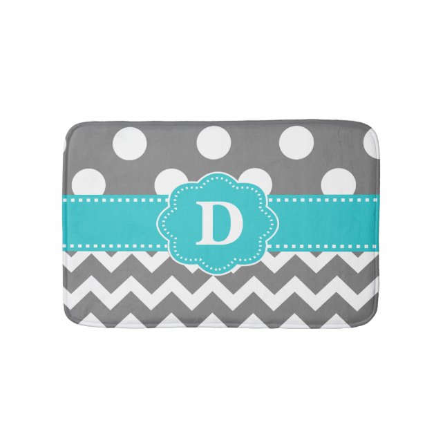 Grey Teal Dots Chevron Monogram Bathmat (Front)