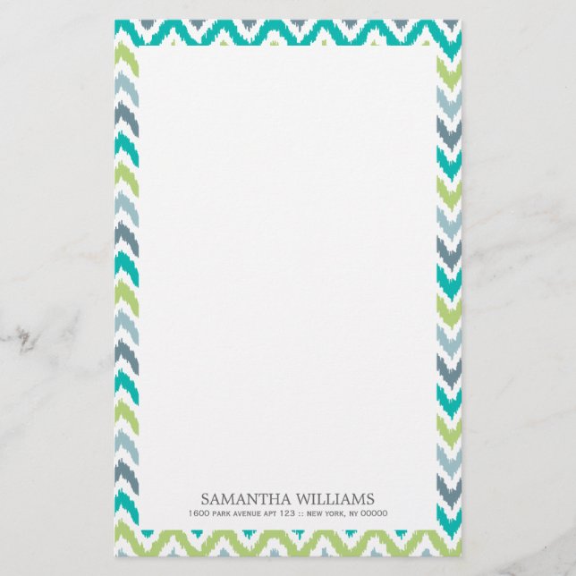 Grey Teal Green Zigzag Ikat Pattern Stationery (Front)