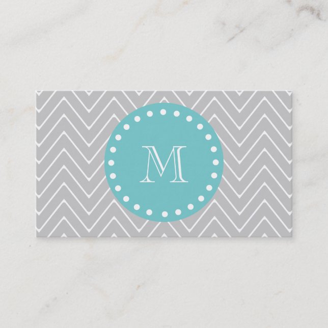 Grey & Teal Modern Chevron Custom Monogram Business Card (Front)