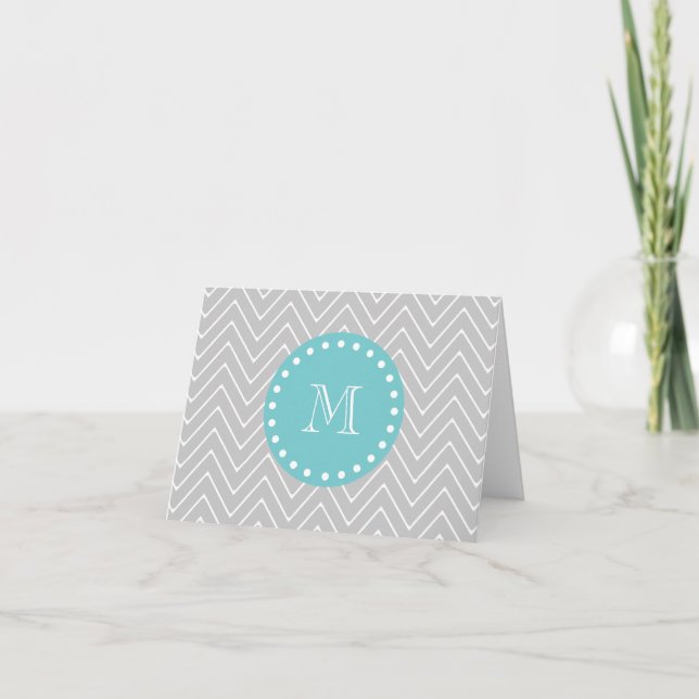Grey & Teal Modern Chevron Custom Monogram Note Card (Front)
