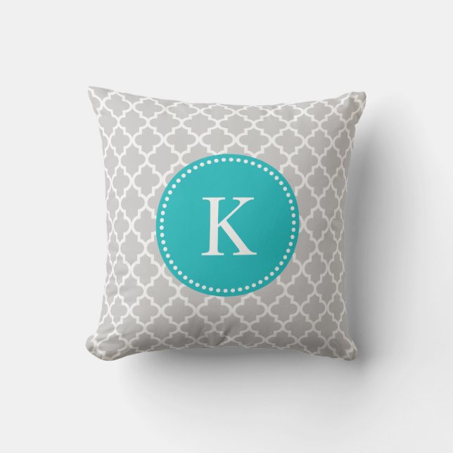 Grey Teal Moroccan Pattern & Monogram Cushion (Front)