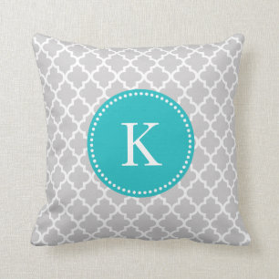 Grey Teal Moroccan Pattern & Monogram Cushion