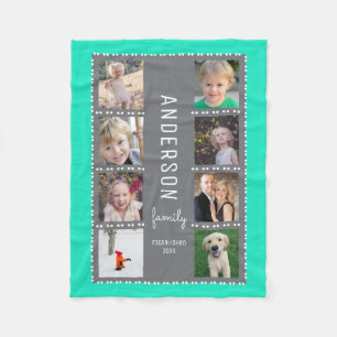 Grey & Teal Photo Collage Family Name Fleece Blanket