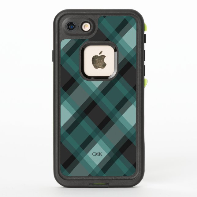 Grey & Teal Plaid Custom Initials LifeProof iPhone Case (Back)