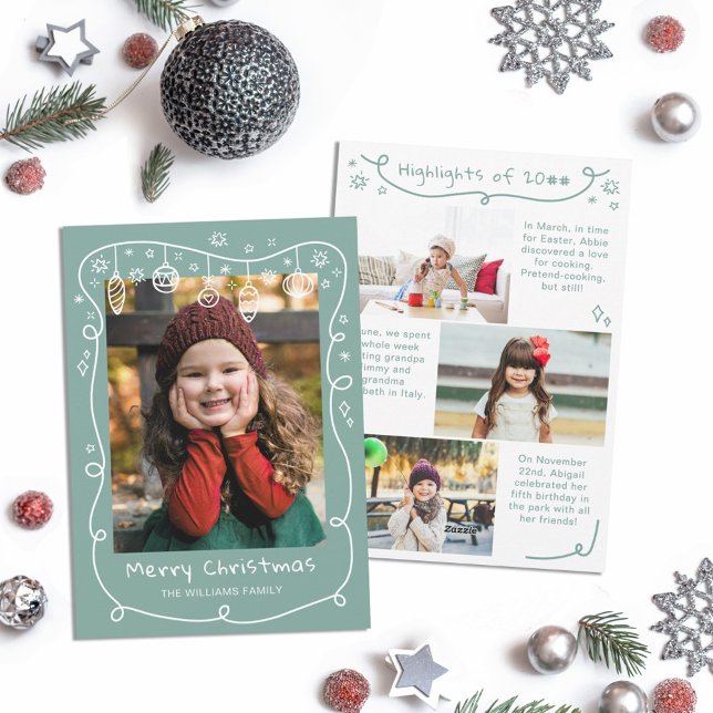 Grey Teal Scribbled Baubles Photos Merry Christmas Holiday Card (Creator Uploaded)