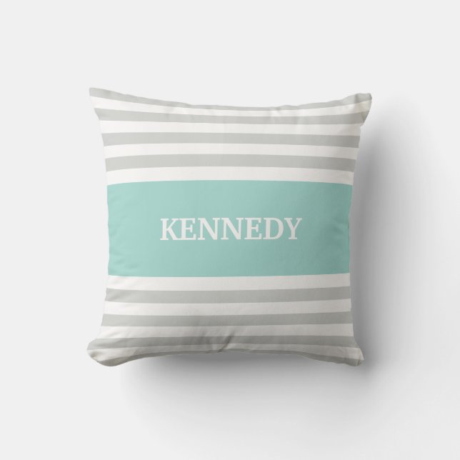 Grey Teal Stripes Monogram Cushion (Front)