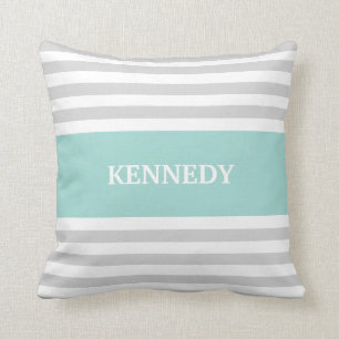 Grey Teal Stripes Monogram Cushion