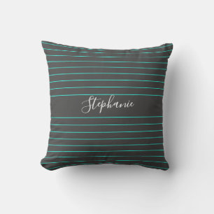 Grey Teal Thin Stripes Patterns White Custom Name Cushion