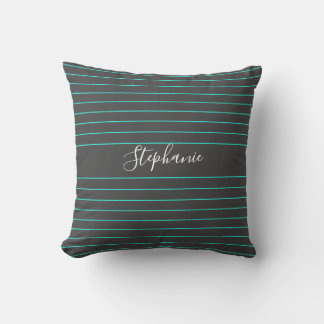 Grey Teal Thin Stripes Patterns White Custom Name Cushion